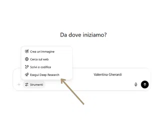 Schermata di ChatGPT con il prompt 'Valentina Gherardi' e selezione della funzione Esegui Deep Research evidenziata